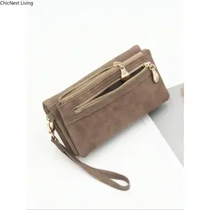 Women's Vintage Frosted Handbag Wallet, Double Zipper Foldable Design, Large Capacity Multi-Card Phone Bag with Wrist Strap, Multi-Functional for Daily & Travel Use, Fashion Casual Business Purse for Ladies