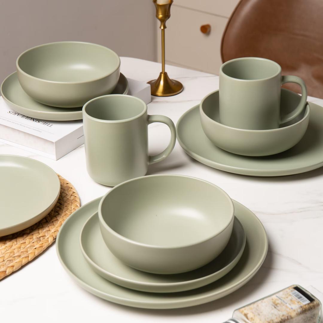 12-Piece Stoneware Dinnerware Sets With Mugs  Microwave & Dishwasher Safe  Non-Toxic Dinner Plates Bowls Set   Stackable Matte Glaze Kitchenware For 3