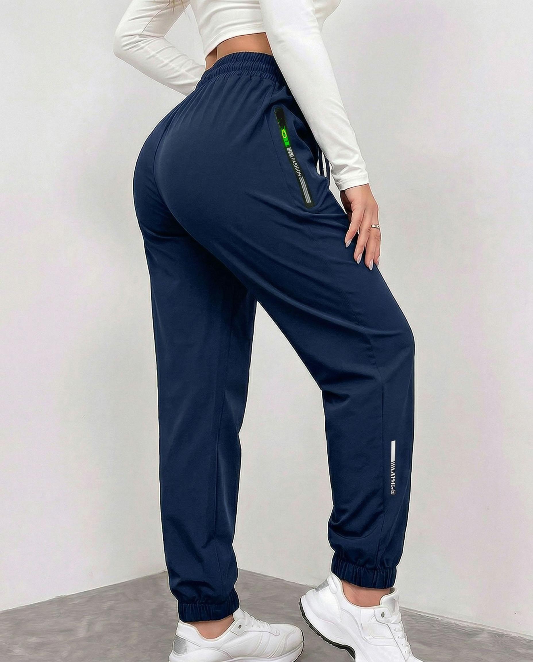 Set of 3 women’s summer cargo pants with zippered pockets, featuring a stylish large pocket design and an elastic waistband; casual outdoor/daily long slim-fit cuffed pants.