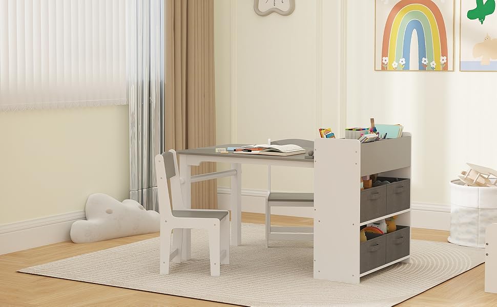 Qaba Kids Art Table & Easel Chair Set with Paper Roll, Toddler Desk and Chairs Set with Storage Shelves and Drawers, Activity Craft and Play Table for Writing Drawing Aged 3-8 Years Old