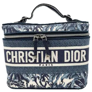 Pre-owned Dior Canvas Clutches & Wristlets Christian Travel Oblique Embroidery Vanity Case Blue