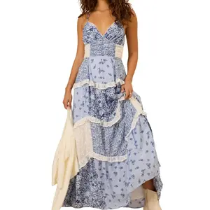 Women's Lace Patchwork Floral Maxi Dress| Sexy Backless Spaghetti Strap Tiered Ruffle Boho Beach Sundress Summer Pink Floral Tie Strap Maxi Dress Womenswear Sleeveless  long dresses women