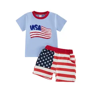 Babamoon Kids Baby Little Boys 4th of July Outfits Set American Flag Embroidery Short Sleeve T shirt Tops and Shorts Independence Day Clothes Set