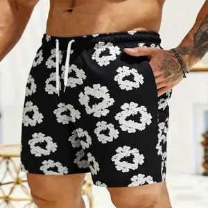 Men's Monochrome Cross Floral Print Shorts - Single Piece Unique Ring Flower Pattern, Edgy Streetwear & Summer Casual Pants