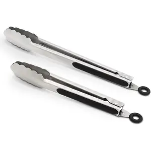 304 Stainless Steel Kitchen Cooking Tongs, 9" and 12" Set of 2 Sturdy Grilling Barbeque Brushed Locking Food Tongs with Ergonomic Grip