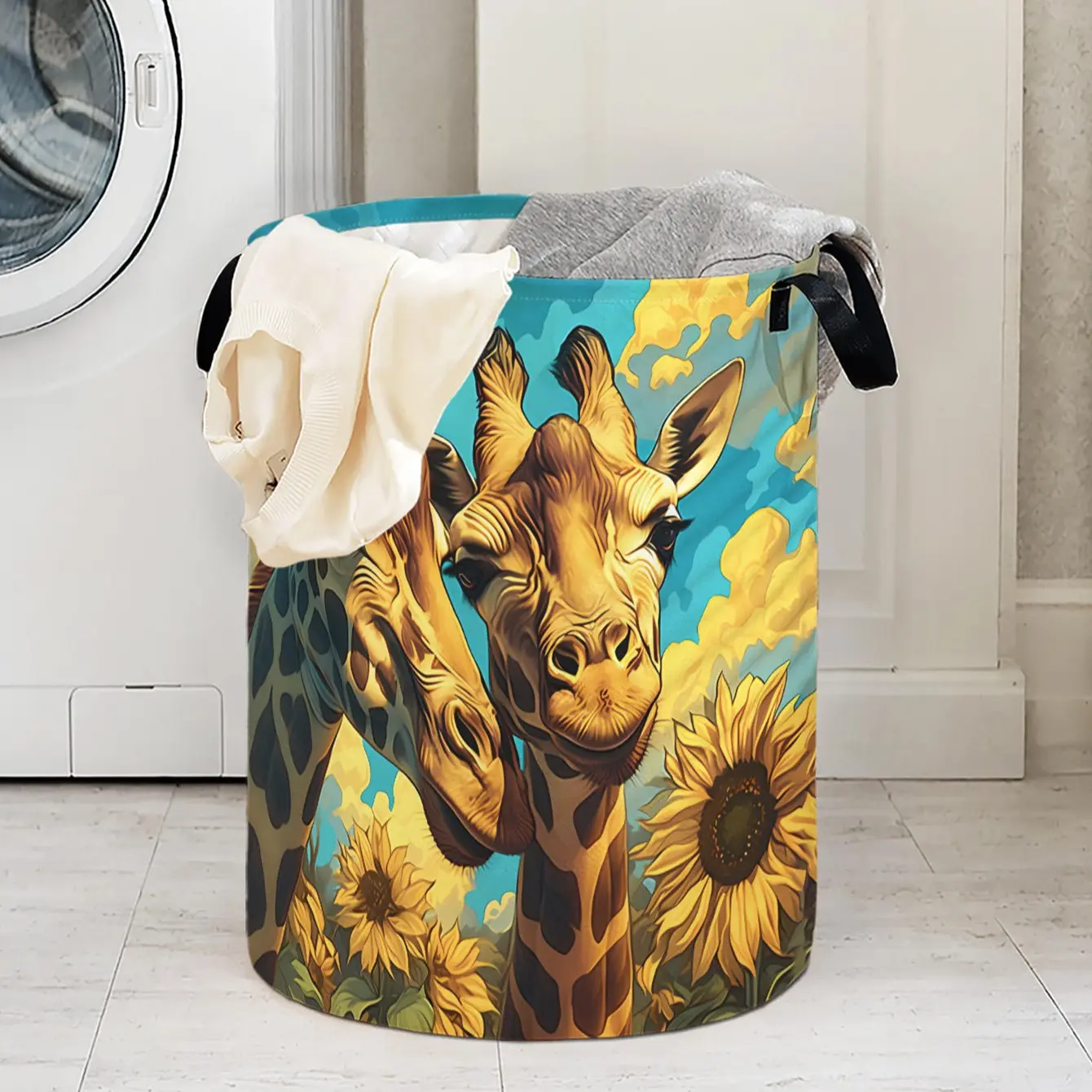 Giraffe Print Laundry Basket with Handle, Durable Foldable Clothes Storage Bin, Large Capacity Toy Organizer, Home Use Reusable Hamper
