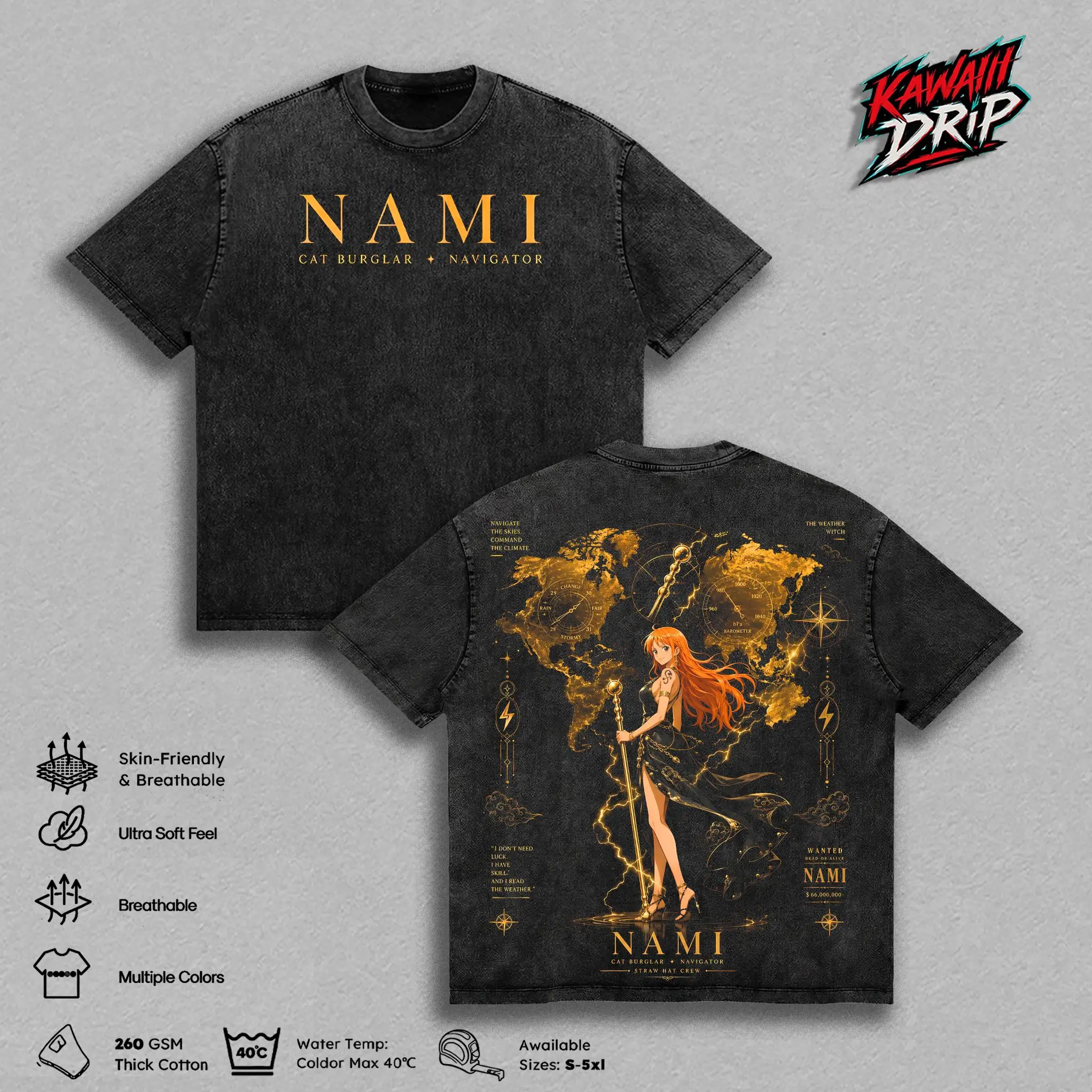 Nami Vintage Washed Graphic T Shirt - Manga Oversized Heavyweight 260 GSM Cotton Shirt, Japanese Streetwear Casual Wear, Soft Breathable Graphic Tee, Gift for One Piecee Fans Men Women