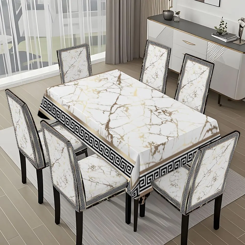 5/7-piece 2D Flat Printing Black and Gold Marble Geometric Frame Pattern Tablecloth and Chair Cover Set, Dining Chair Protector, Chair Covers For Dining Chairs, for home, restaurants, parties