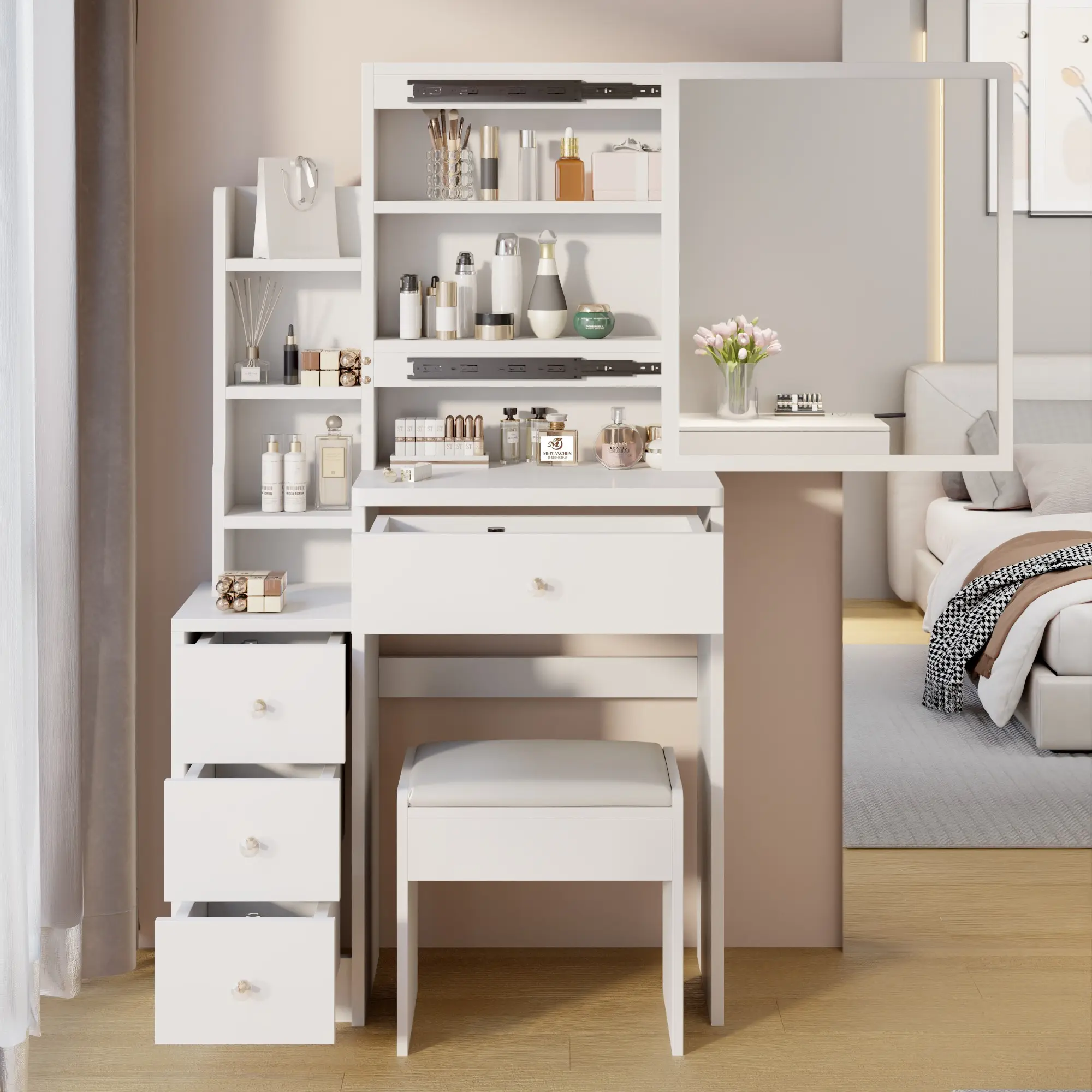 Small Space Bedroom Makeup Vanity Set with Left Bedside Cabinet, Extra Large Right Sliding Mirror, Cushioned Stool, Multi-Layer High-Capacity Storage - Stylish Practical Interior Design Furniture, 29.2"