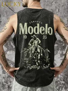 Vintage American-style Modelo Beer iconic logo vest, Western cowboy riding horse line art pattern vest, "Fighting Spirit" cowboy combat/struggle theme vest