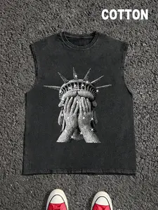 Men's Summer Casual Cotton Vest, Graphic Sleeveless Vest, Vintage Washed Effect, Freedom Goddess Print, Sleeveless Fitted Top, Street Style, Unisex, Tank Tops Workout