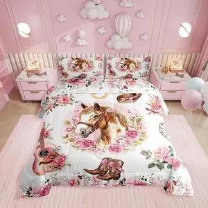 Pink Western Horse Bedding Set for Girls,Cowgirl Boots and Bows Comforter Set for Kids,Retro Rustic Country Horses Bed Set,Pink Floral Room Decor