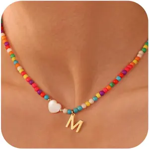 AS131 Colorful Initial Cute Necklaces for Girls Trendy Beaded Choker Necklace for Women Personalized Letter Initial Gifts for Women Jewelry