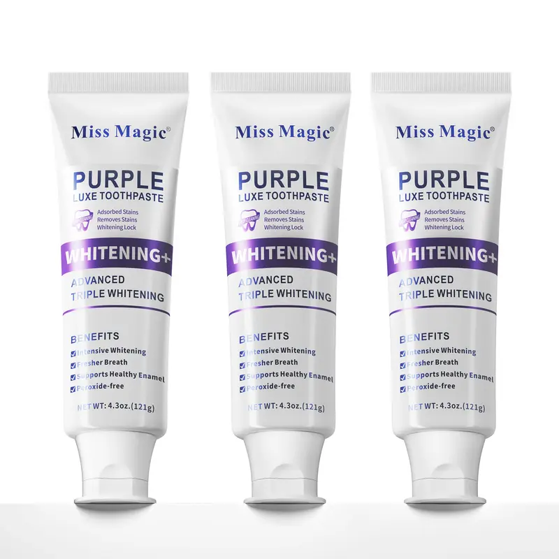 【3PC Value Pack】Miss Magic Purple Luxe Toothpaste | Color-Correcting Whitening | Enamel Care + Probiotics | Brightens Yellow Teeth
