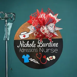 18 Inch Wooden Door Hanger for Nichole Burdine Admissions Nurse with Red Bow and Medical Icons Design
