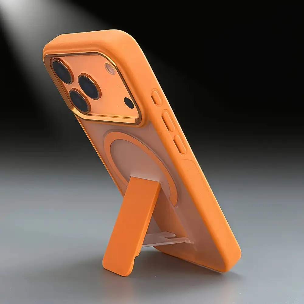 Luxury Magnetic Wireless Charging Acrylic Case for iPhone 13,14,15,16,17 Pro Max Air Plus, Smartphone Cover with Hidden Stand, Shockproof Protective Armor, Matte Semi-Transparent Acrylic Shell, Metal Ring Camera Protection, Anti-Drop Cellphone Accessory,