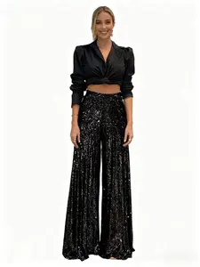 A women's wide-leg version is loose and elegant and inclusive with a good waist elastic design sequin wide-leg trousers, suitable for autumn and winter, suitable for dinner party style, fashionable red carpet style and other styles Bell Bottom Trousers
