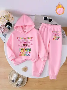 Girls' Fleece Hoodie Set with Cartoon Rabbit Print, Casual Jogger Pants, Warm and Comfortable, Fall & Winter Fashion
