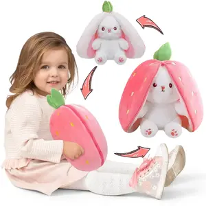 Double-Sided Strawberry Bunny Plush Toy - Reversible Design Stuffed Animal with Zipper, Safe for Children, Soft Cuddly Gift, Indoor Recreation Cushion for Easter Display & Relaxation
