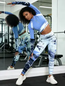Women's Blue Cross Colorblock Digital Print High-Waisted Skinny Pants, Summer Comfortable Fitted Gym Leggings with Pockets, Skinny Sports Leggings, High Waist Activewear