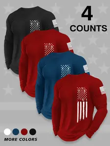 Men's Letter & Flag Print Round Neck Long Sleeve Tee, Loose Casual Crew Neck T-shirt for Fall & Winter, Men's Top for Daily Wear, Athletic Style Activewear, Athletic Sweatshirt