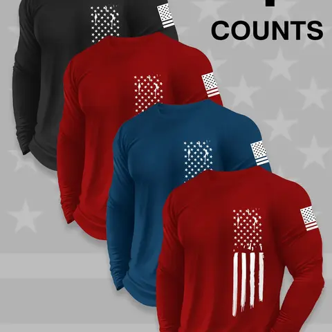 Men's Letter & Flag Print Round Neck Long Sleeve Tee, Loose Casual Crew Neck T-shirt for Fall & Winter, Men's Top for Daily Wear, Athletic Style Activewear, Athletic Sweatshirt