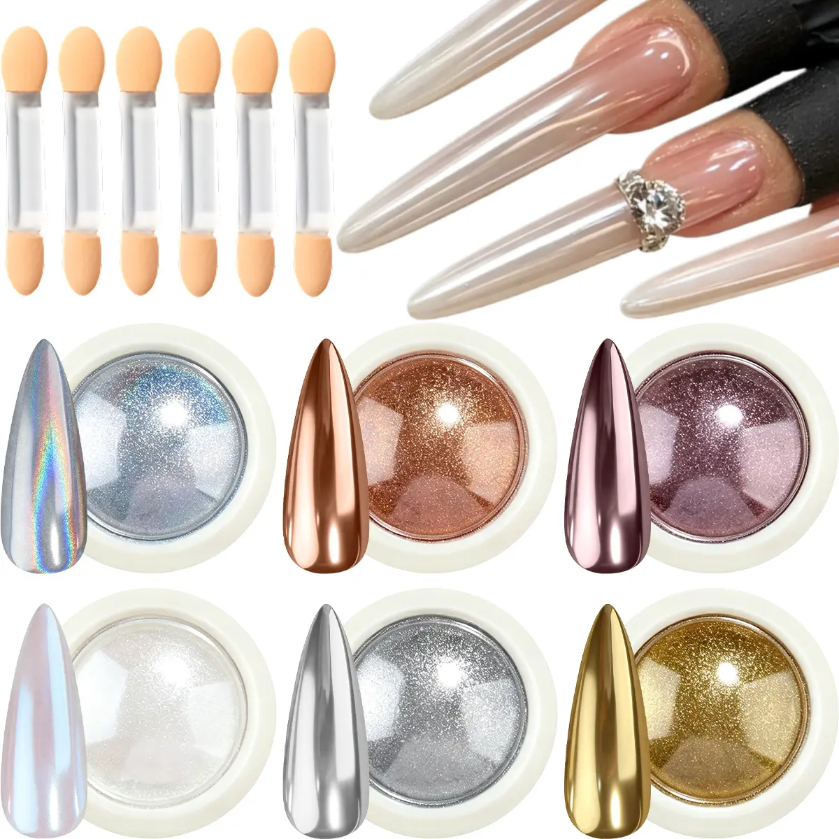 6Jars Chrome Nail Powder Magic White Pearl Kit Laser Silver Gold Mirror Effect Holographic Dip Nail Pigment Powder For Resin Craft & Nail Art Accessories Decoration Supplies