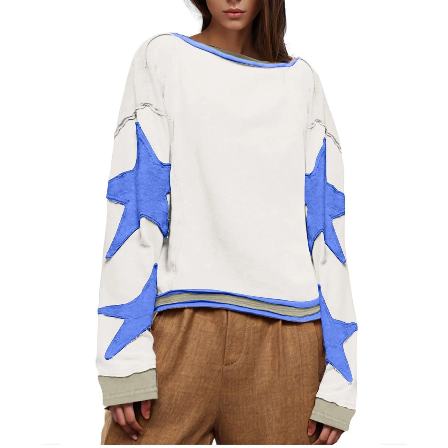 CHARTOU Women's Oversized Crew Neck Long Sleeve Pullover Hoodie with Star Patches, Y2K Fashion Casual Sweatshirt, Casual Sweatshirts