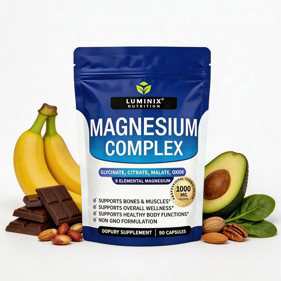 LUMINIX Magnesium Complex 8 Essential Magnesium Supplement 1000mg, A powder containing 8 essential magnesium complexes.