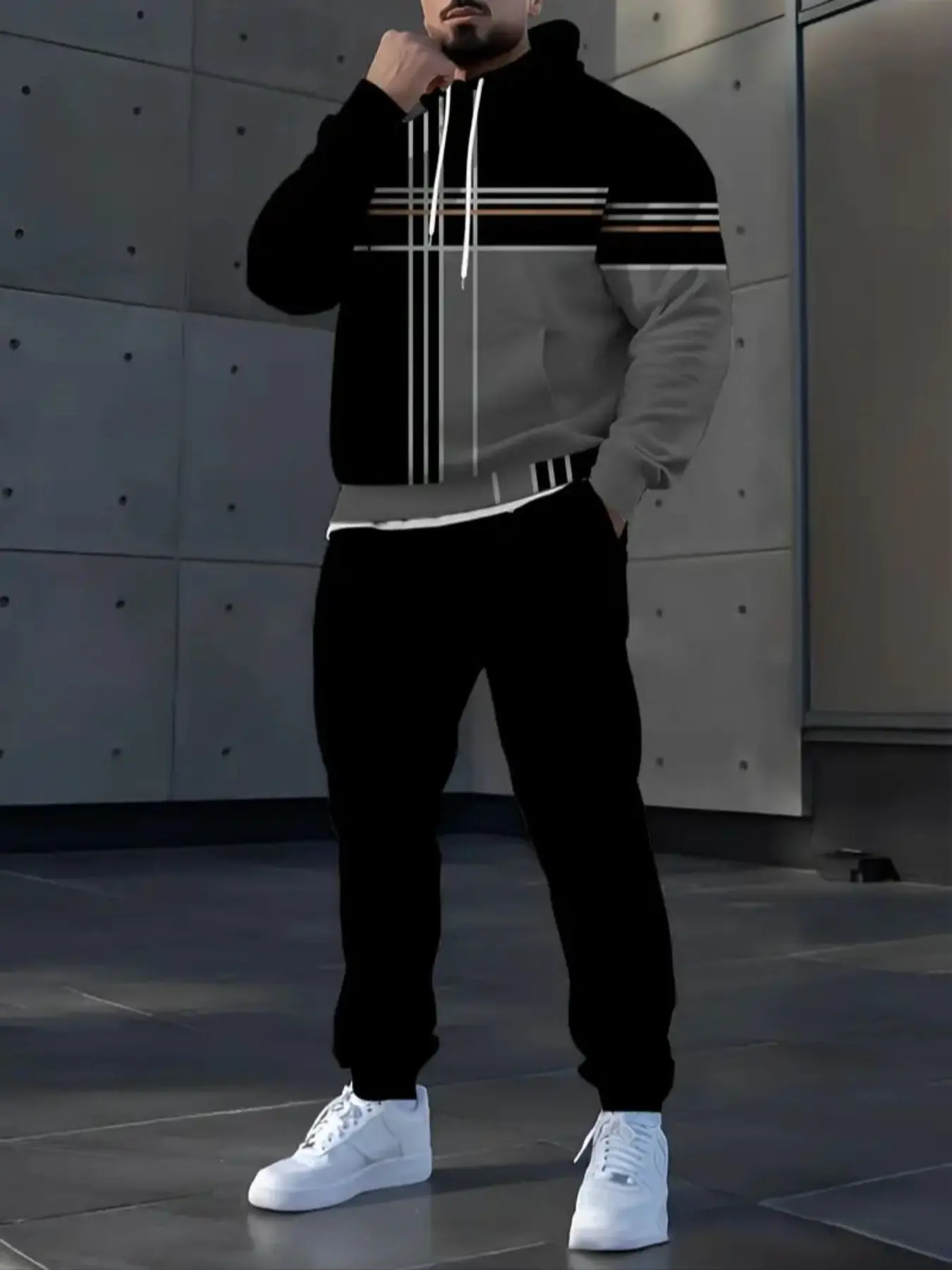 Men's Digital Print Hoodie Set, Hooded Graphic Tracksuit Set, Sporty Long Sleeve Fitted Sweatshirt, Regular Length All over Print Top for Fall & Winter, Streetwear Tracksuit Set