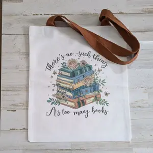 Canvas Tote Bag 13x14in White with Brown Straps Featuring "There's No Such Thing As Too MANY BOOKS" Design, Custom Name Option Available