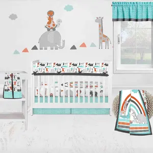 Bacati Jungle Safari 6-Piece Crib Bedding Set with Long Rail Guard Cover - Aqua/Orange/Gray Boys