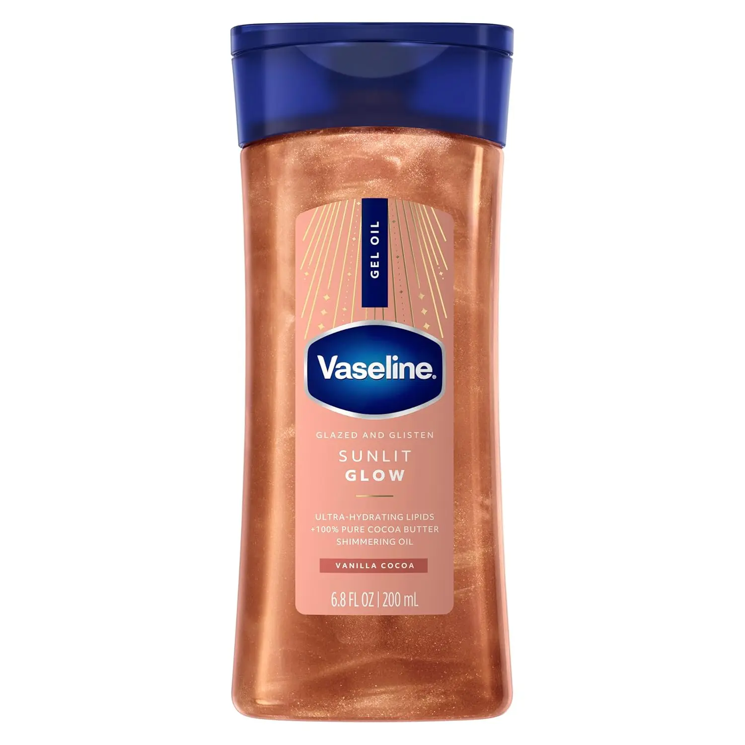 Vaseline Glazed & Glisten Shimmering Body Gel Oil with 100% Pure Cocoa Butter for Radiant, Soft Skin, Vanilla Fragrance, Body Care, 6.8 oz, Aroma, Moisturizing, Glossy Finish