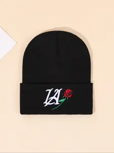 Unisex Knit Beanie Hat Set, La Letter & Flower Embroidery Design, Fitted Casual Style for Fall/winter, Perfect Gift for Birthdays & Holidays
