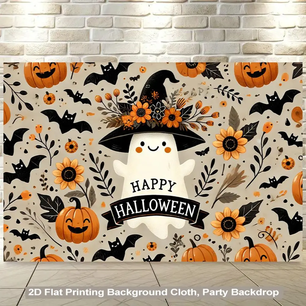 2D Flat, 1pc Halloween Party Backdrop - Spooky Ghosts, Pumpkins, Bats, Happy Halloween Text - Orange/Black/White/Gray/ - Lightweight Polyester Fabric Banner for Indoor/Outdoor Decorations, Photo Booth Background