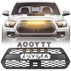 Front Grille Grill Compatible With 2016-2023 Tacoma TRD Style SR, SR5, TRD Off-Road, TRD Sport Front Grill Replacement Accessories Black Matte Bumper ABS Grille with 4 Amber Led Lights