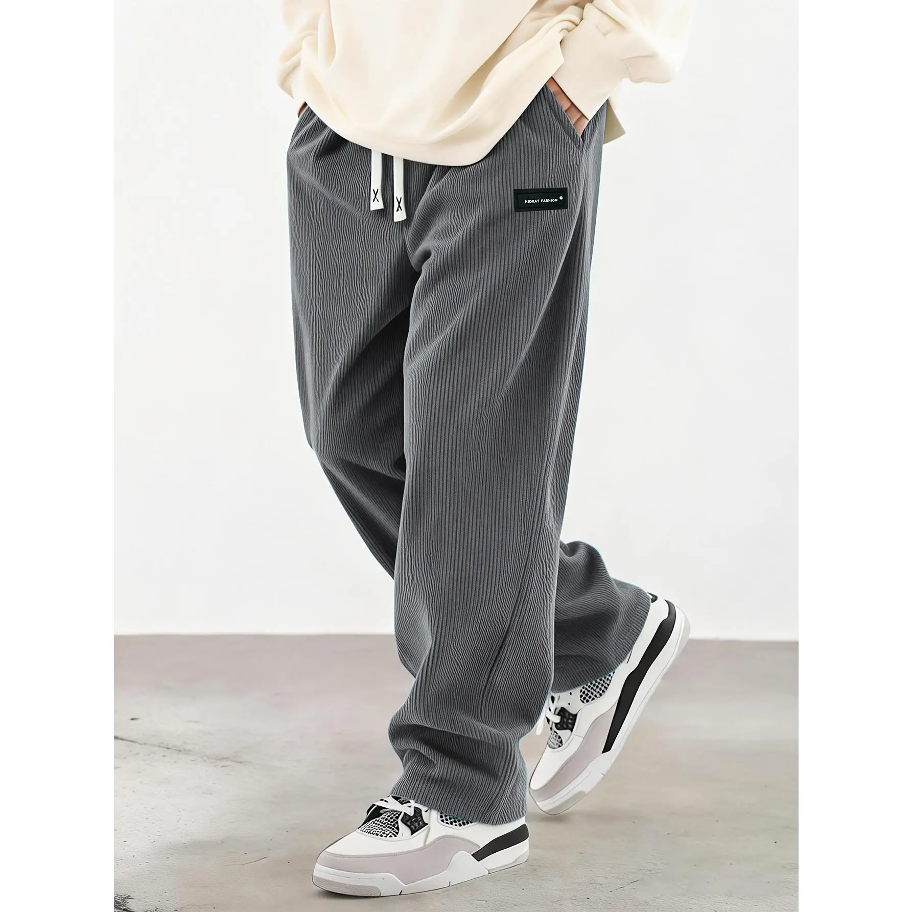 Men'S Spring And Autumn Corduroy Casual Long Pants, Solid Color with Drawstring Pockets, Lightweight, Soft, Breathable, And Comfortable. Wide-Leg Straight Fit with Elastic Waist, Highly Versatile, Suitable for Daily Casual Outings