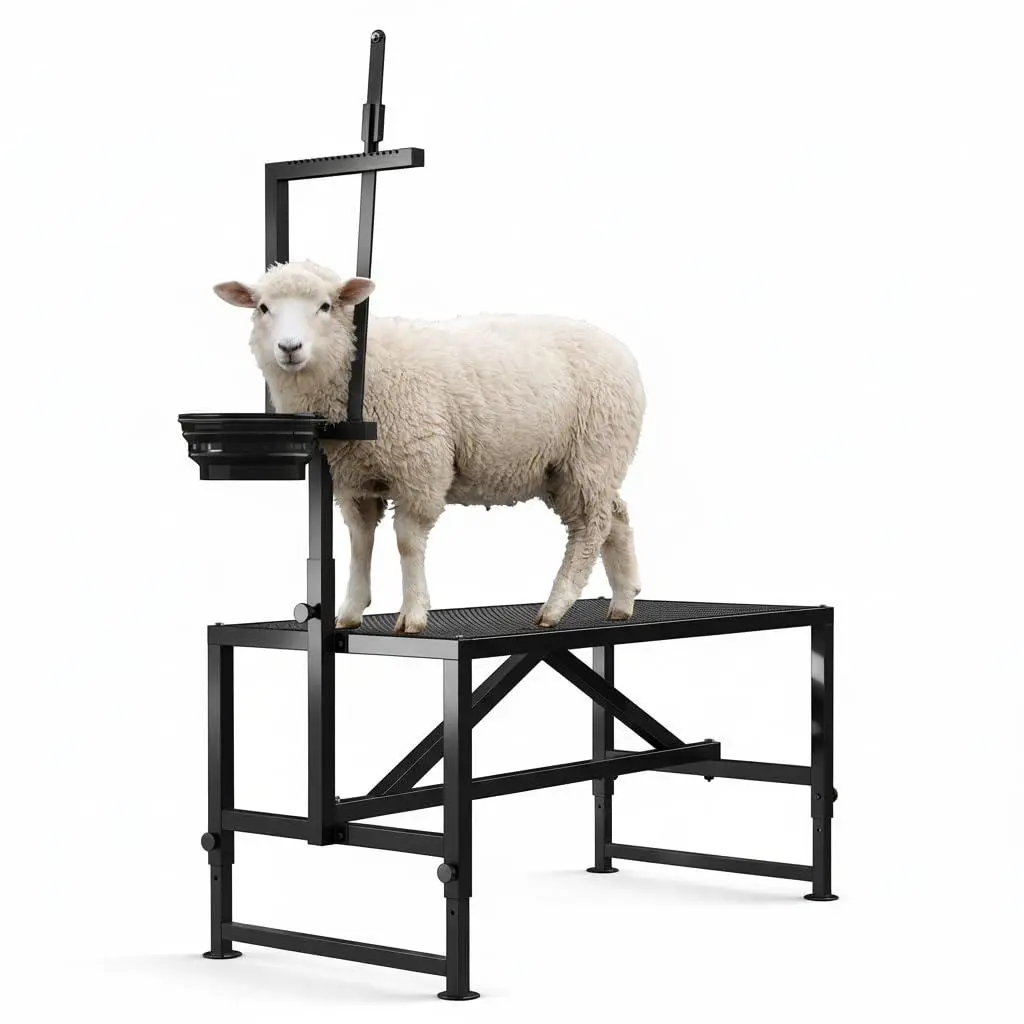 47 Inch Heavy Duty Goat Milking Stand Black, 600 LBS Capacity, Adjustable Headpiece & Legs with Feed Bin, Livestock Grooming & Shearing Table