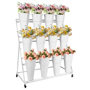 Flower Display Stand 3 Layers with 12 PCS Round Buckets, Plant Stand with Wheels, Movable Metal Plant Stand for Terrace Garden, Florist Shop
