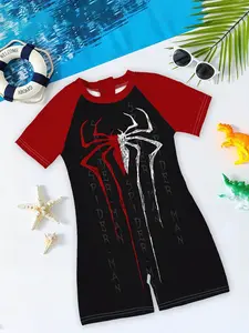 Boys' one-piece swimsuit "Hero Trendy Play Style" with three-dimensional spider print + red and black color block, skin-friendly one-piece design, trendy and eye-catching, making you the center of attention during summer water activities~