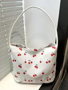 Niche design cherry print portable shoulder tote bag, small fresh and simple portable bucket bag, fashionable, lightweight, sweet  cute  small and versatile, suitable for daily commuting, shopping, dating, etc., Casual Shoulder Bag