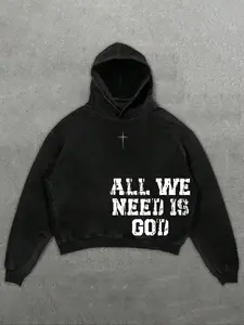 Unisex style, simple and retro "We Need God" message print, fleece-lined, cozy for autumn and winter, casual long-sleeve design, suitable for daily use, campus activities, travel, and street fashion—Graphic Hoodie, high-quality sweatshirt