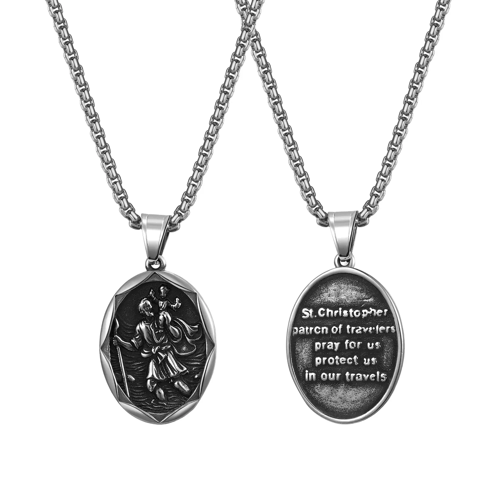 OIDEA Men's Premium Stainless Steel St. Christopher Necklace - 60cm, 1.1" Width, 1.5" Height Religious Guardian Pendant, Protection Amulet, Baptism Gift Ideas, Saint Graphic Necklaces, Hypoallergenic Long Fashion Accessory