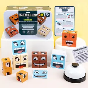 Wooden Face Changing Magic Cube Game, Expression Puzzle Building Blocks Pattern Matching Game, Educational Puzzles Toy Board Games for Kids and Adults with Bell