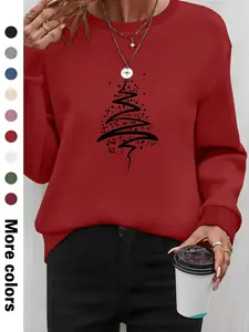 Women's Christmas Tree Print Long Sleeve Round Neck Pullover Sweatshirt, Casual Fitted H-Type Design, Available in 9 Colors