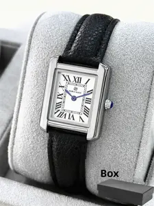Women's Square Watch Roman Numeral Dial Leather Strap Blue Hands Quartz Analog Rectangle Face Stainless Steel Case 50m Waterproof Fashion Elegant