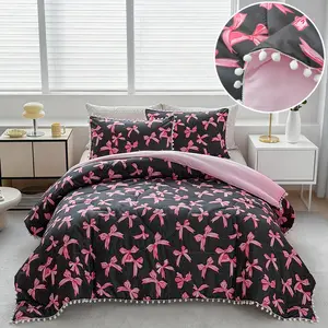 Black and pink bow 3 counts comforter set with pom-poms tassels, soft and comfortable bedding suitable for all seasons, elegant romantic and cute bedroom decoration, modern bedroom essential, gift, 9 sizes-1 comforter and 2 pillowcases, machine washable.