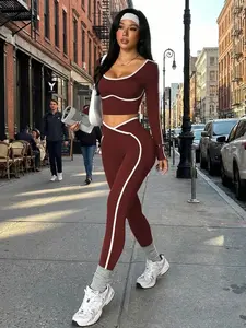 Women's Colorblock Sports Set, U-Neck Long Sleeve Yoga Top, High Waisted Butt Lifting Fitness Two-Piece, Comfortable Fitted Sportswear Set, Sports Fitness Outfit