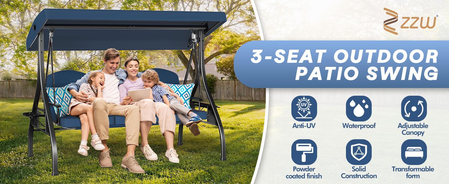 【Summervibes】3-Seat Outdoor Canopy Porch Swing with Stand, Patio Swing with Canopy, 2 in 1 Porch Swing Bed & Patio Swing Chair for Adult, Yard Swing Extra 2 Piece Free Pillows and Cup Holder