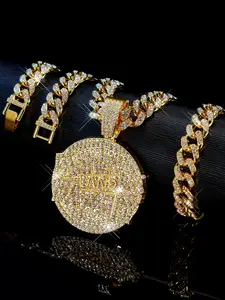 3pcs Hip-Hop Sparkling Letter Disc Pendants, Dazzling Cuban Chain Necklace & Bracelet Set, Punk Fashion Jewelry Set for Men & Women, Ideal Gift